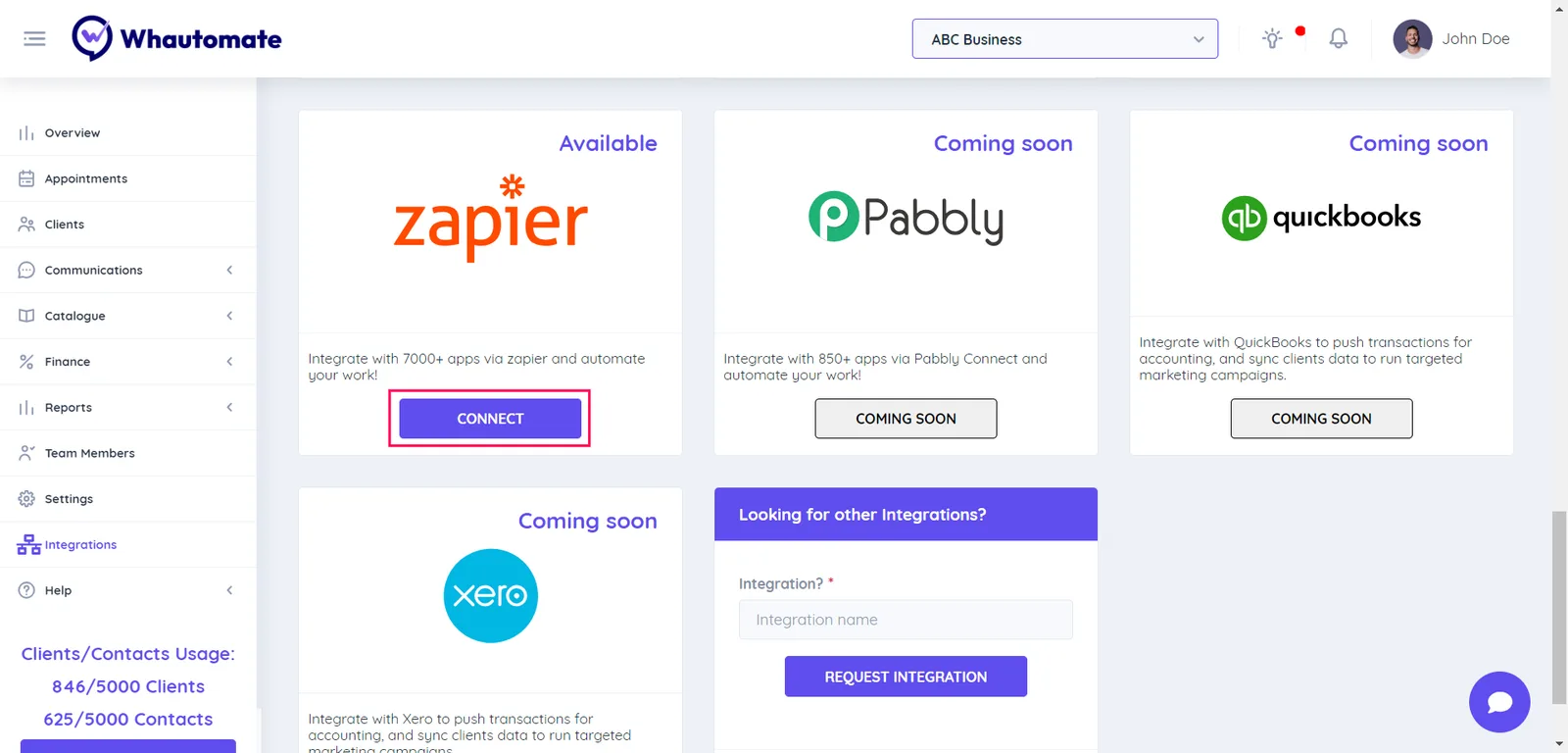 1. Go to the Integrations page in the Whautomate platform then scroll down and select the Zapier connect button to continue.