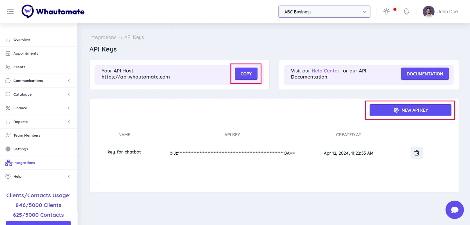 5. Click the "New API Key" button and Enter the key name(optional) Eg. Zapier Integration.