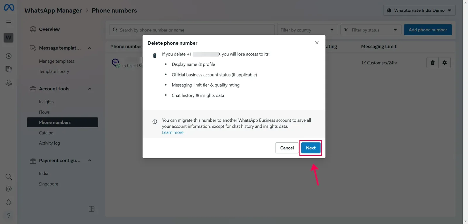 The Delete phone number dialog listing what you lose and the Next button
