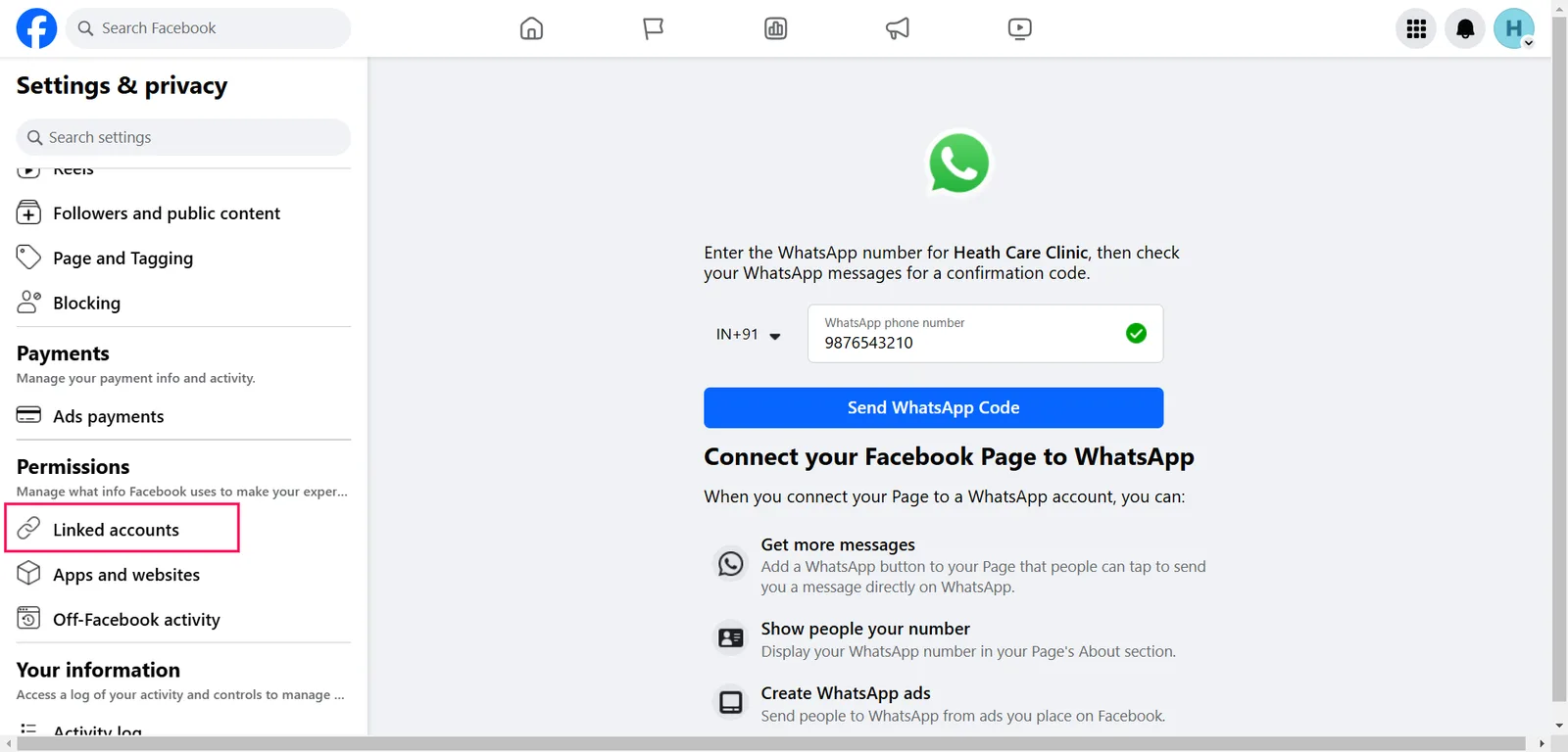 Linked accounts in Facebook Page settings with a WhatsApp phone number entered and the Send WhatsApp Code button