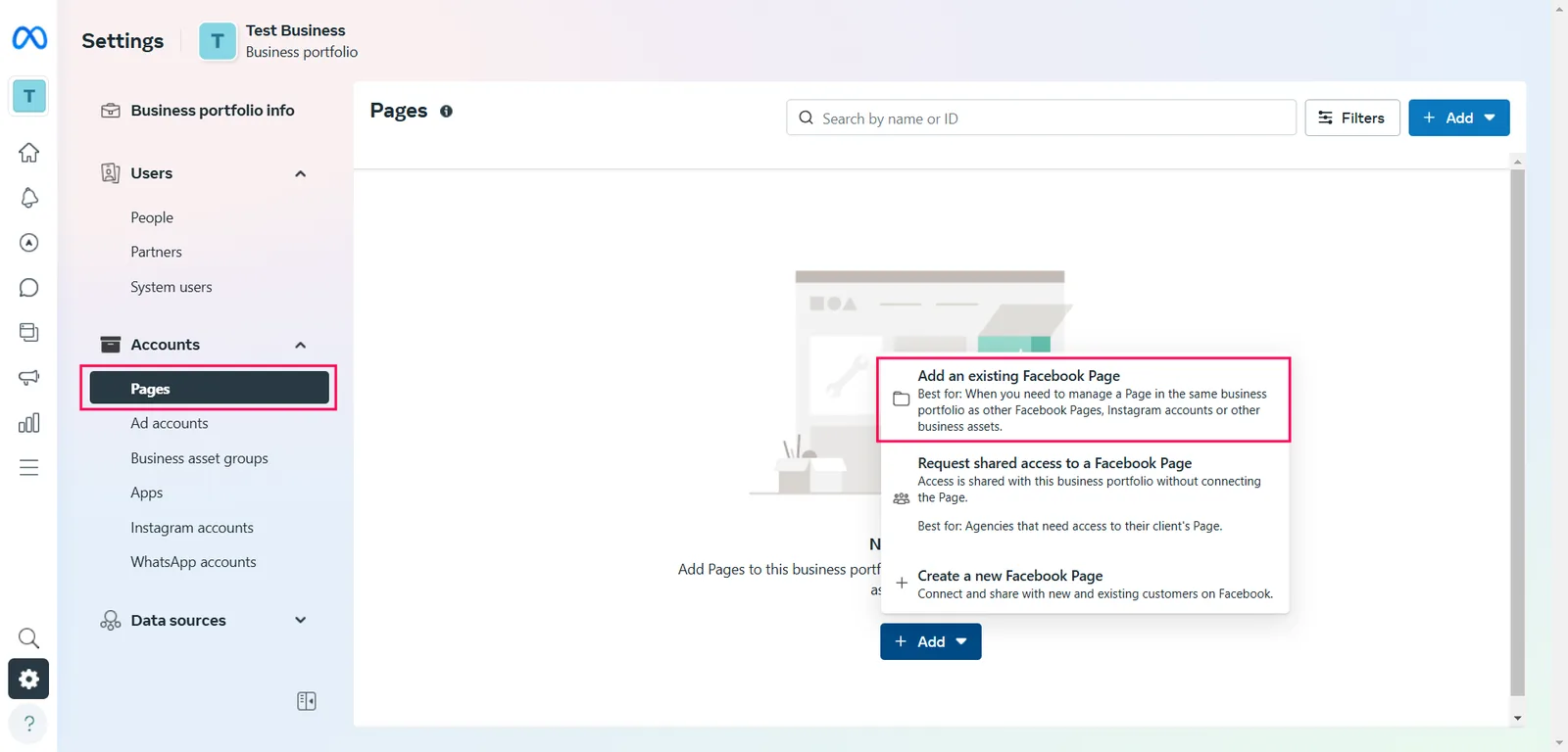 The Pages section of Meta Business Settings with the Add menu open and Add an existing Facebook Page highlighted