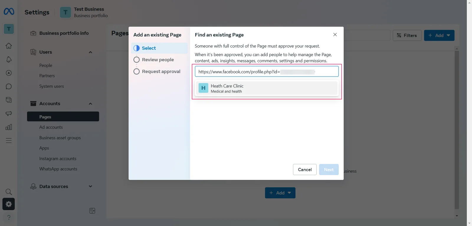 The Find an existing Page step with a Facebook Page URL entered and the matching Page listed