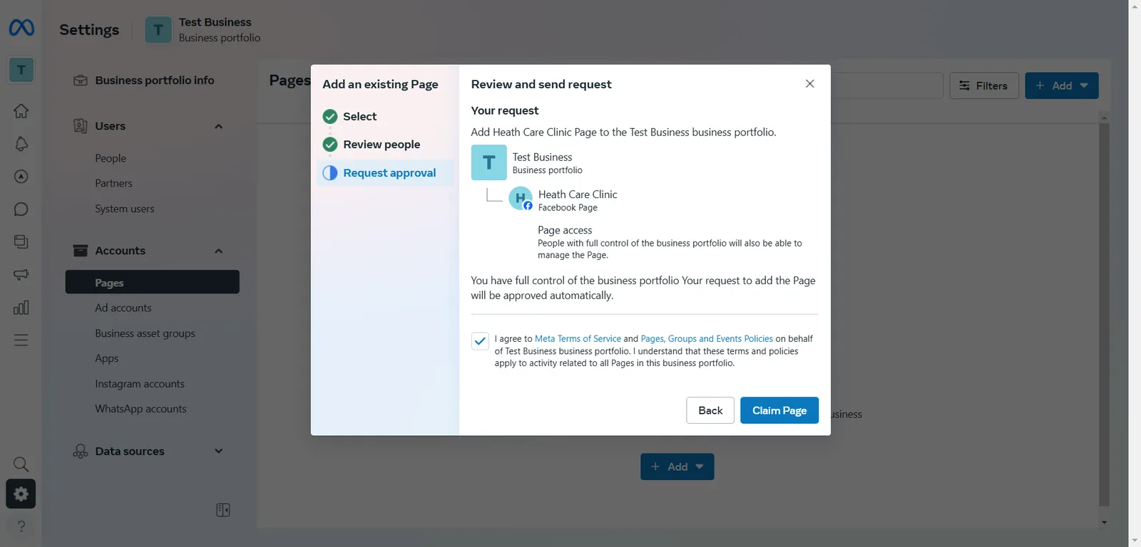 The Review and send request step with the Page to add to the business portfolio and the Claim Page button