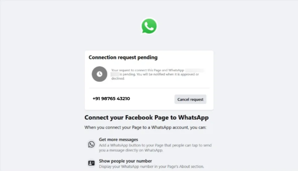 The Connection request pending card for the WhatsApp number in Facebook Page settings