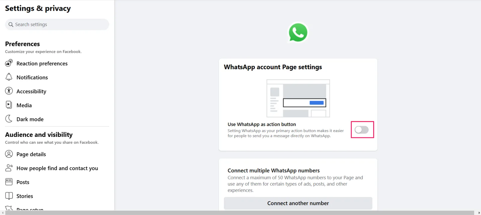 WhatsApp account Page settings with the Use WhatsApp as action button switch