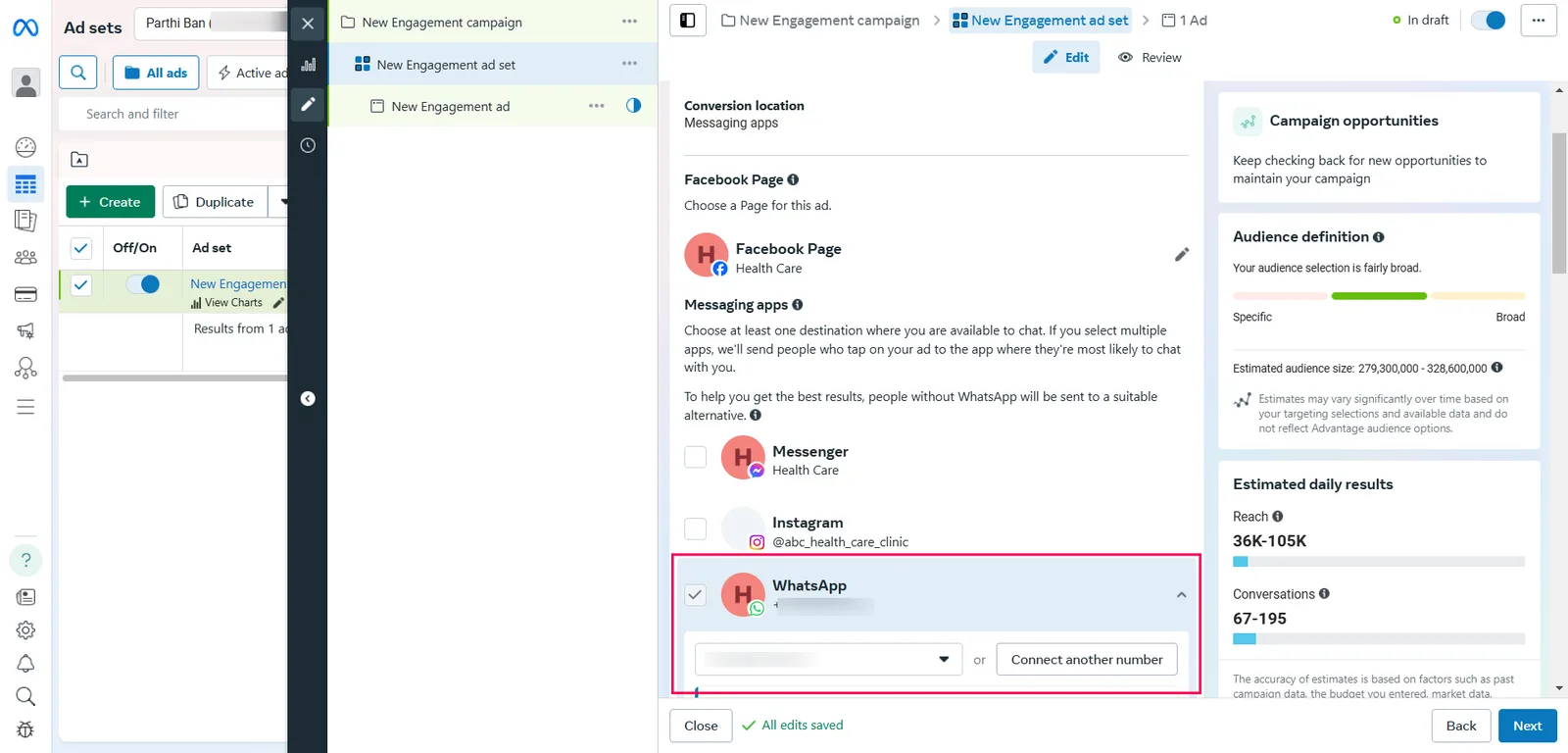 The Messaging apps section of an Ads Manager ad set with WhatsApp ticked, a number selected and Connect another number