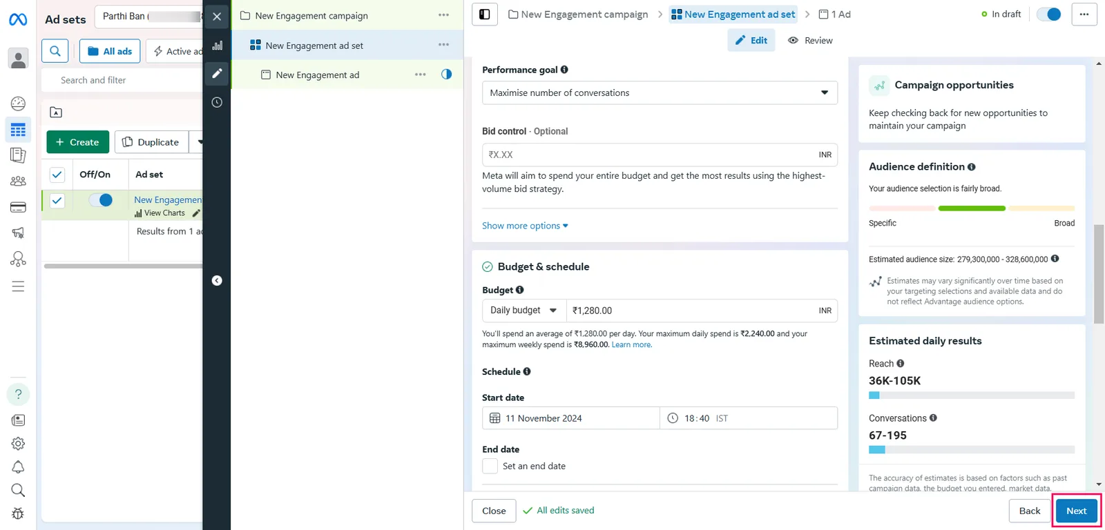 The Performance goal and Budget and schedule sections of an Ads Manager ad set with the Next button