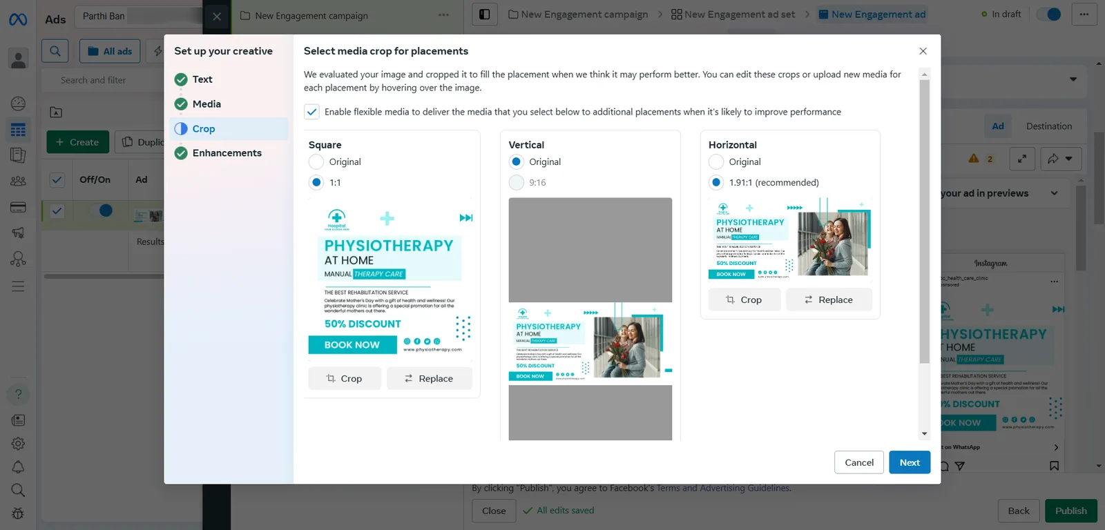 The Select media crop for placements dialog in Ads Manager while setting up the ad creative