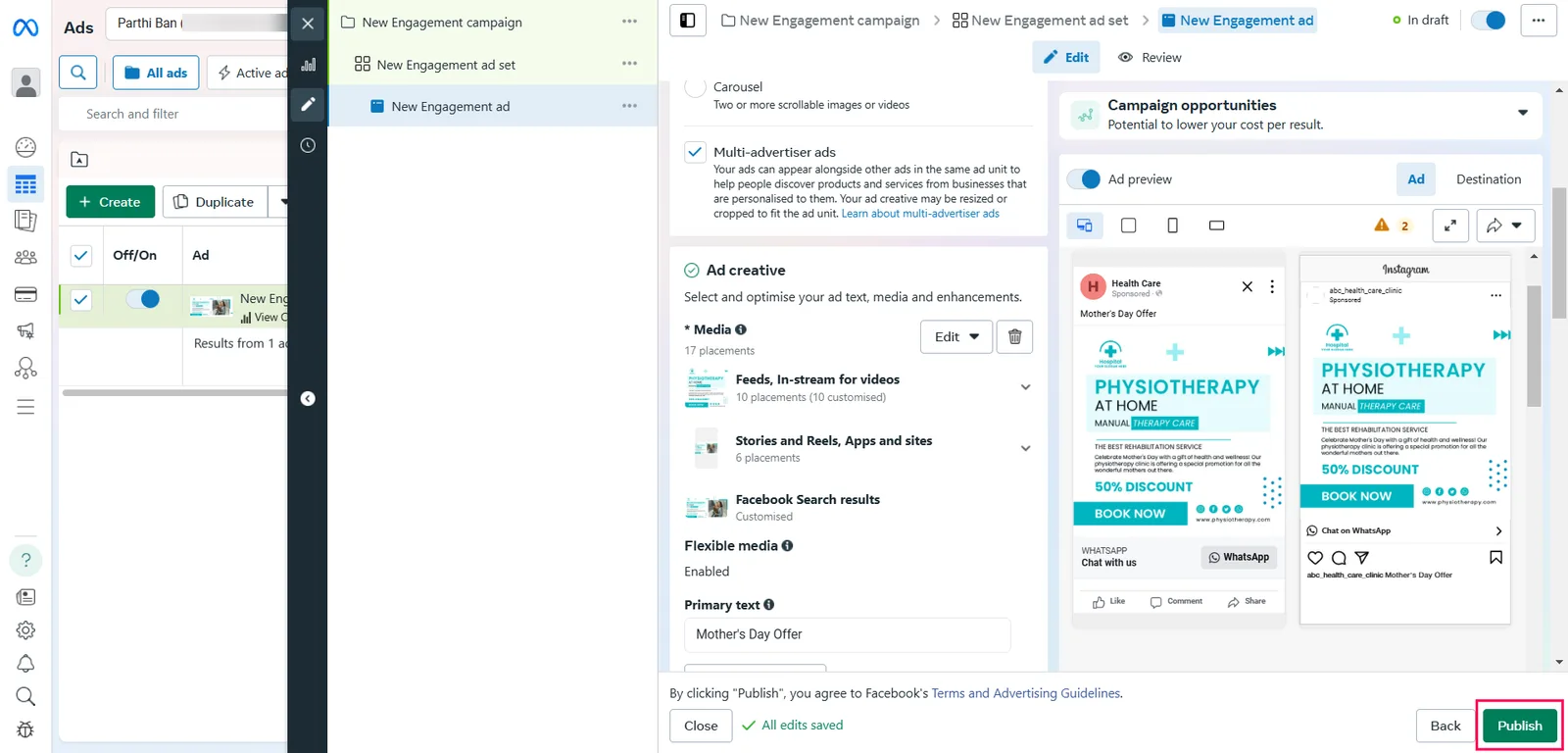 The Ad creative section in Ads Manager with the ad preview showing a WhatsApp button and the Publish button