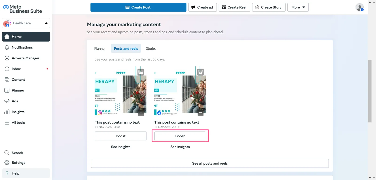 Meta Business Suite Posts and reels list with the Boost button under a post