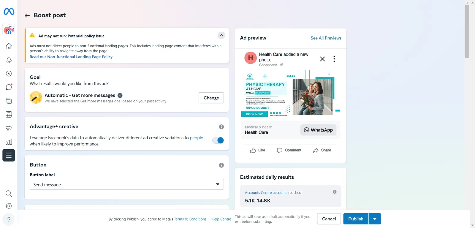 The Boost post page with the Automatic - Get more messages goal, the Send message button label and the ad preview with a WhatsApp button