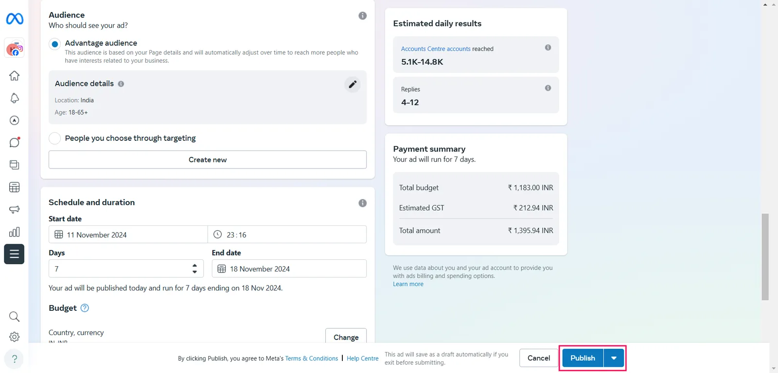 The Audience, Schedule and duration and Budget sections of Boost post with the Publish button