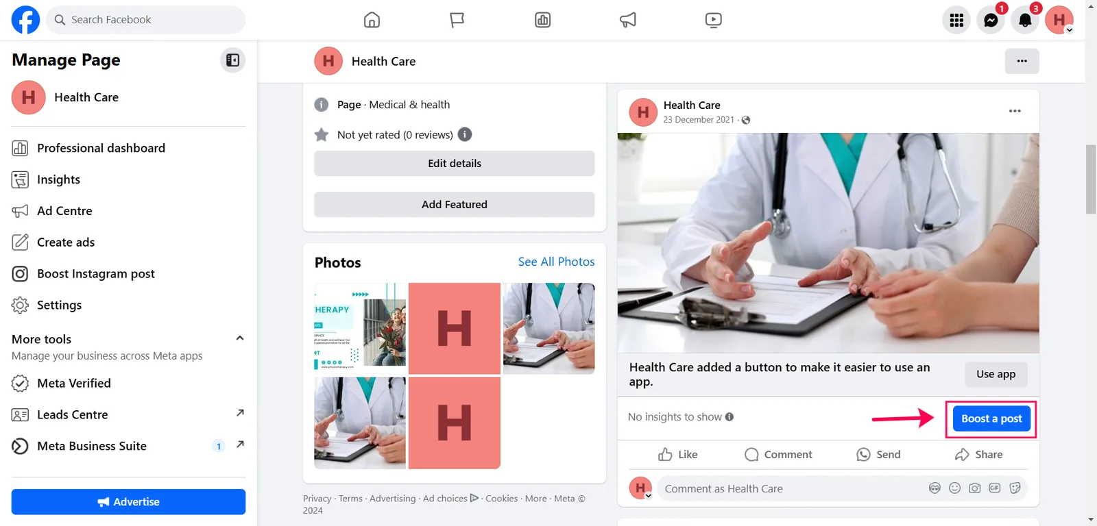 A Facebook Page post with the Boost a post button