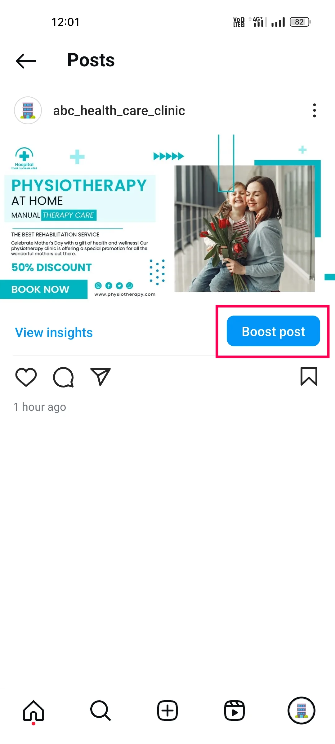 An Instagram post in the Instagram app with the Boost post button