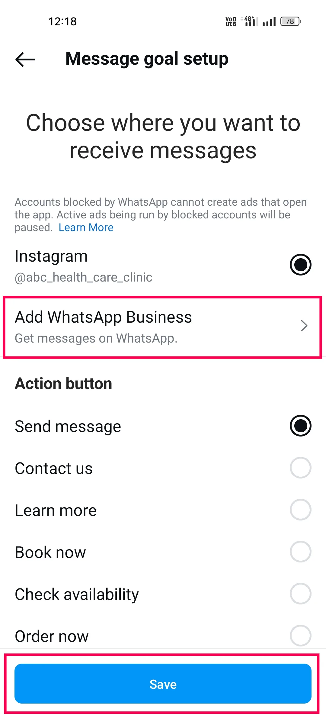 Message goal setup in the Instagram app with Add WhatsApp Business and the Save button