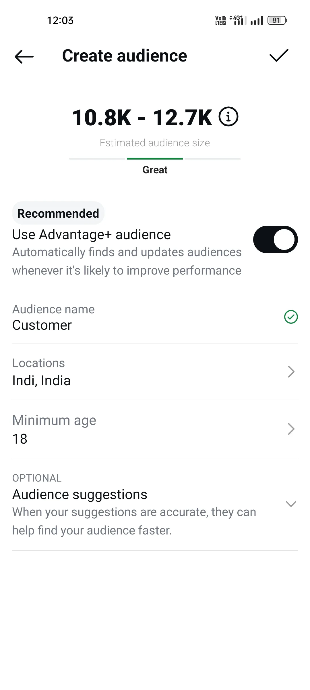Create audience in the Instagram app with the estimated audience size, location and minimum age