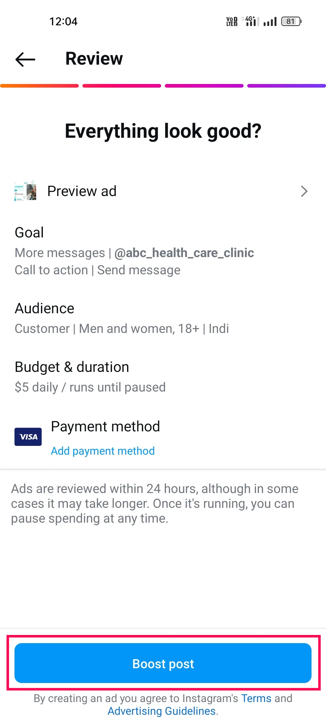The Review step in the Instagram app with the goal, audience, budget and the Boost post button