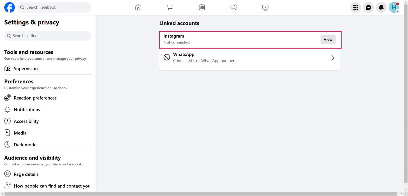 Linked accounts in Facebook Page settings with Instagram not connected and the View button