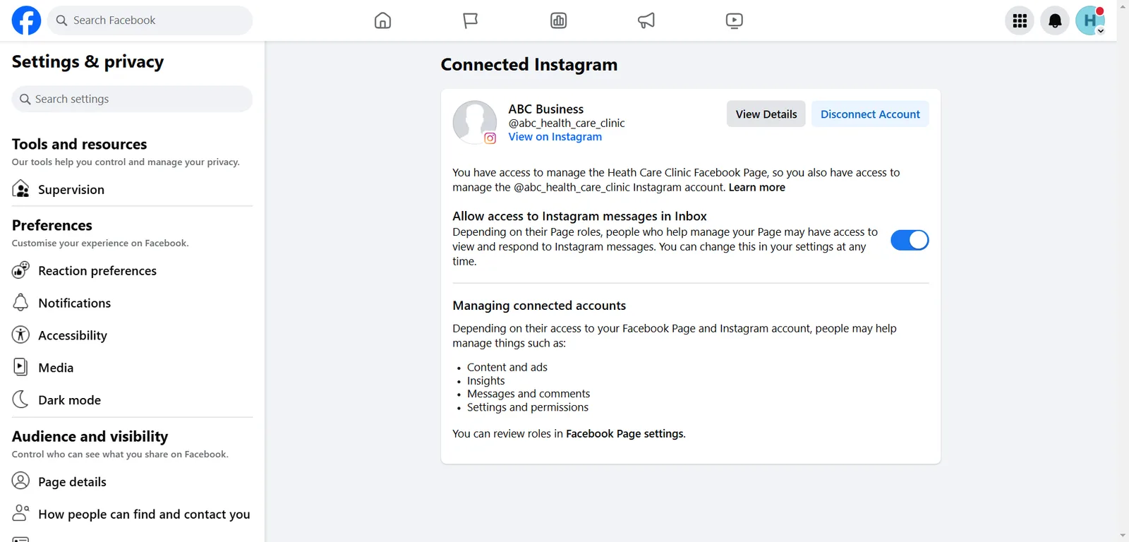 The Connected Instagram page in Facebook Page settings after connecting, with the Instagram account and Disconnect Account