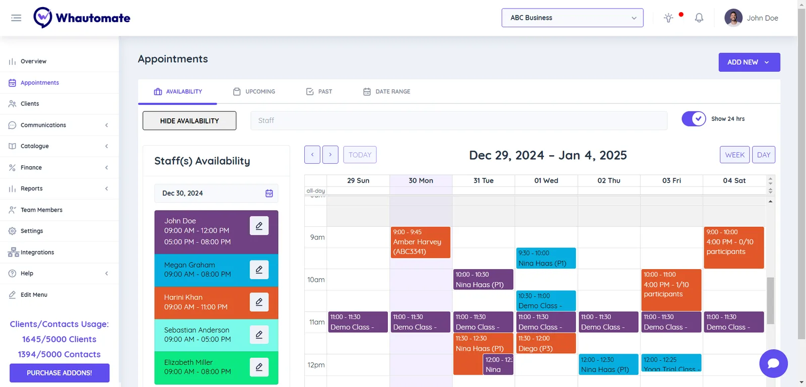 Calendar with scheduled classes