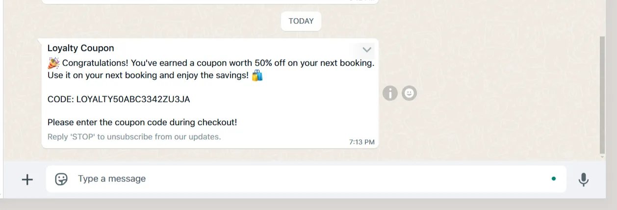 A loyalty coupon message received in WhatsApp with the discount and the coupon code