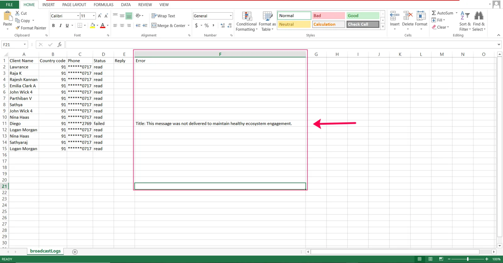 Open the exported file and review the details to identify participants for whom the message failed, along with the failure reasons.
