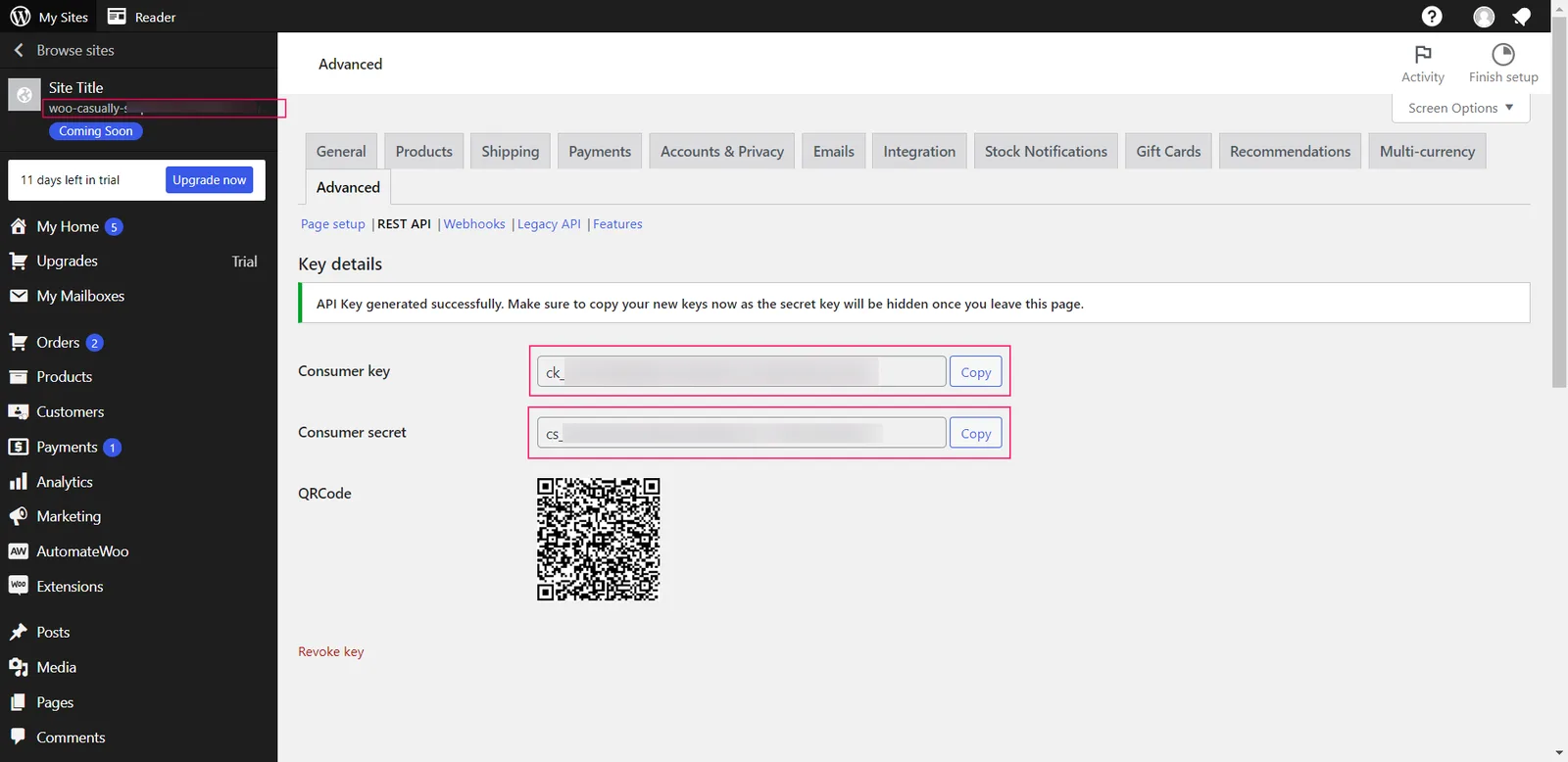 The generated WooCommerce Consumer key and Consumer secret with Copy buttons
