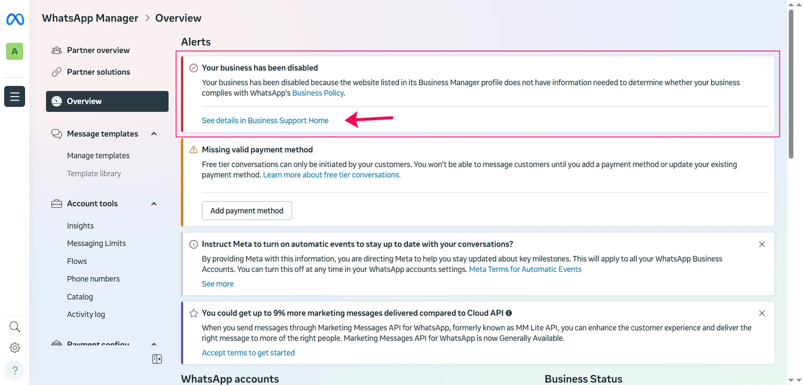The Your business has been disabled alert in WhatsApp Manager with the See details in Business Support Home link