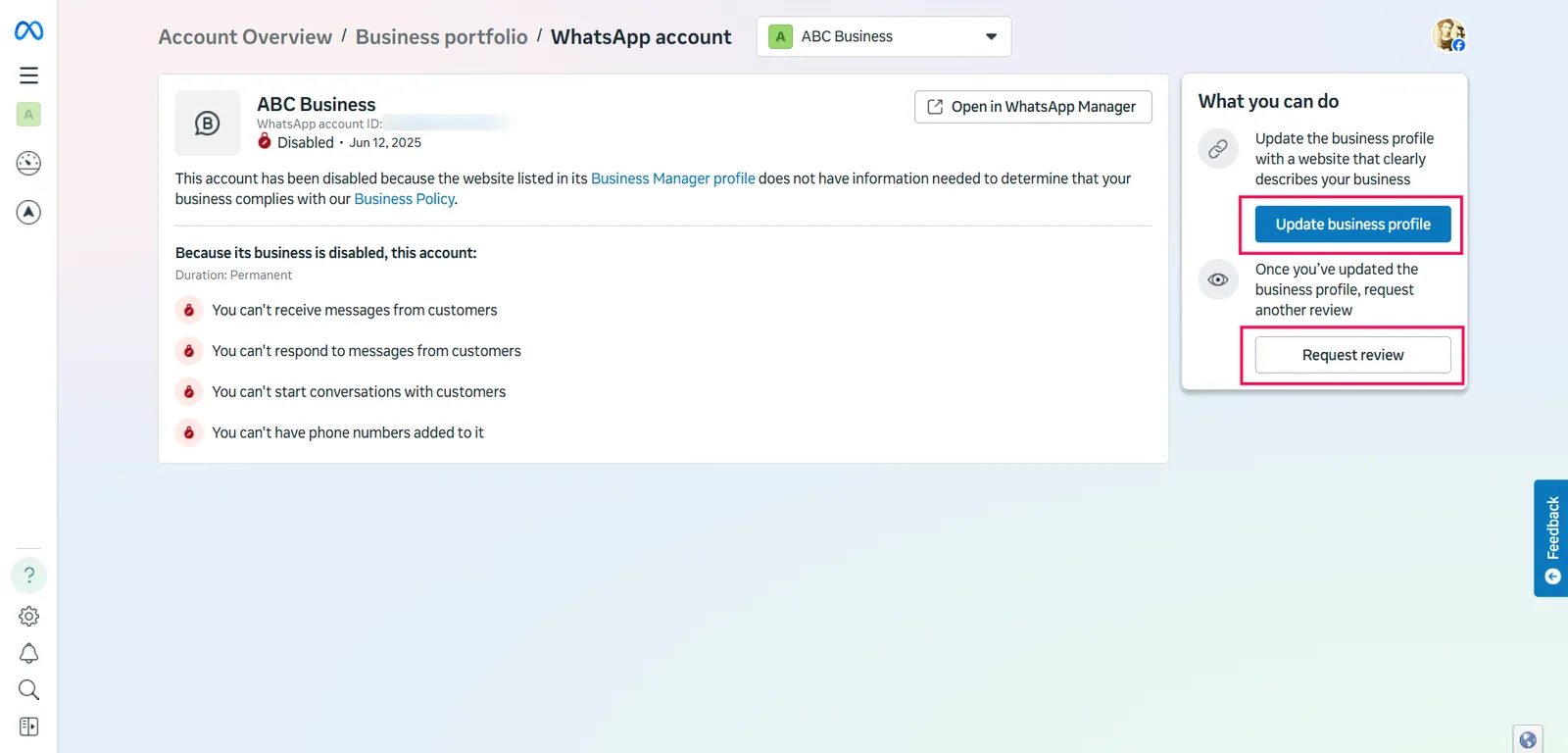 The disabled WhatsApp account page with the reason and the Update business profile and Request review buttons
