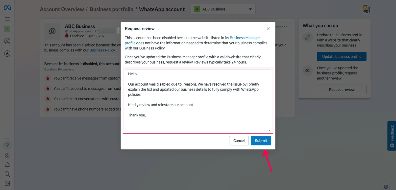 The Request review dialog with a message explaining the fix and the Submit button
