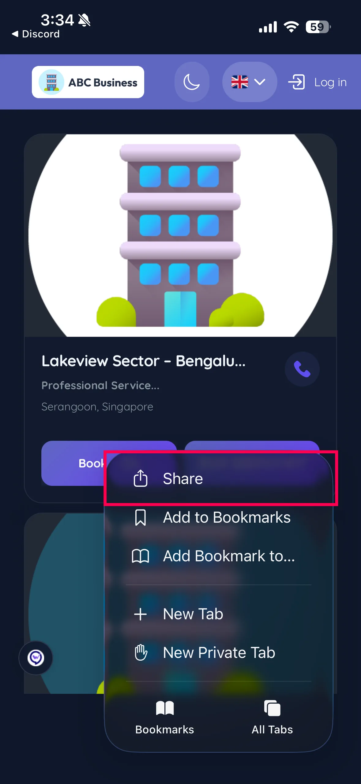 The Safari menu on a booking page with Share highlighted