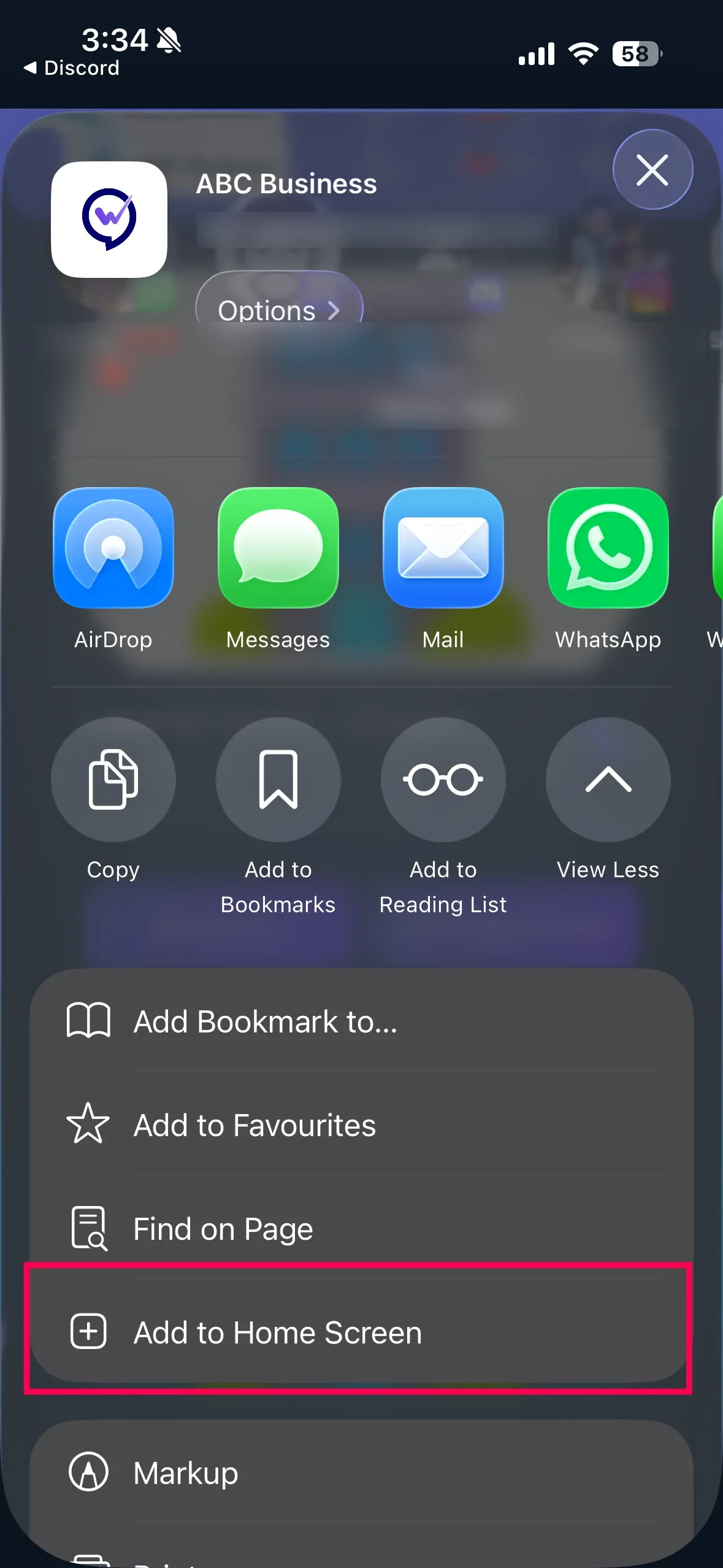 The Safari share sheet with Add to Home Screen highlighted