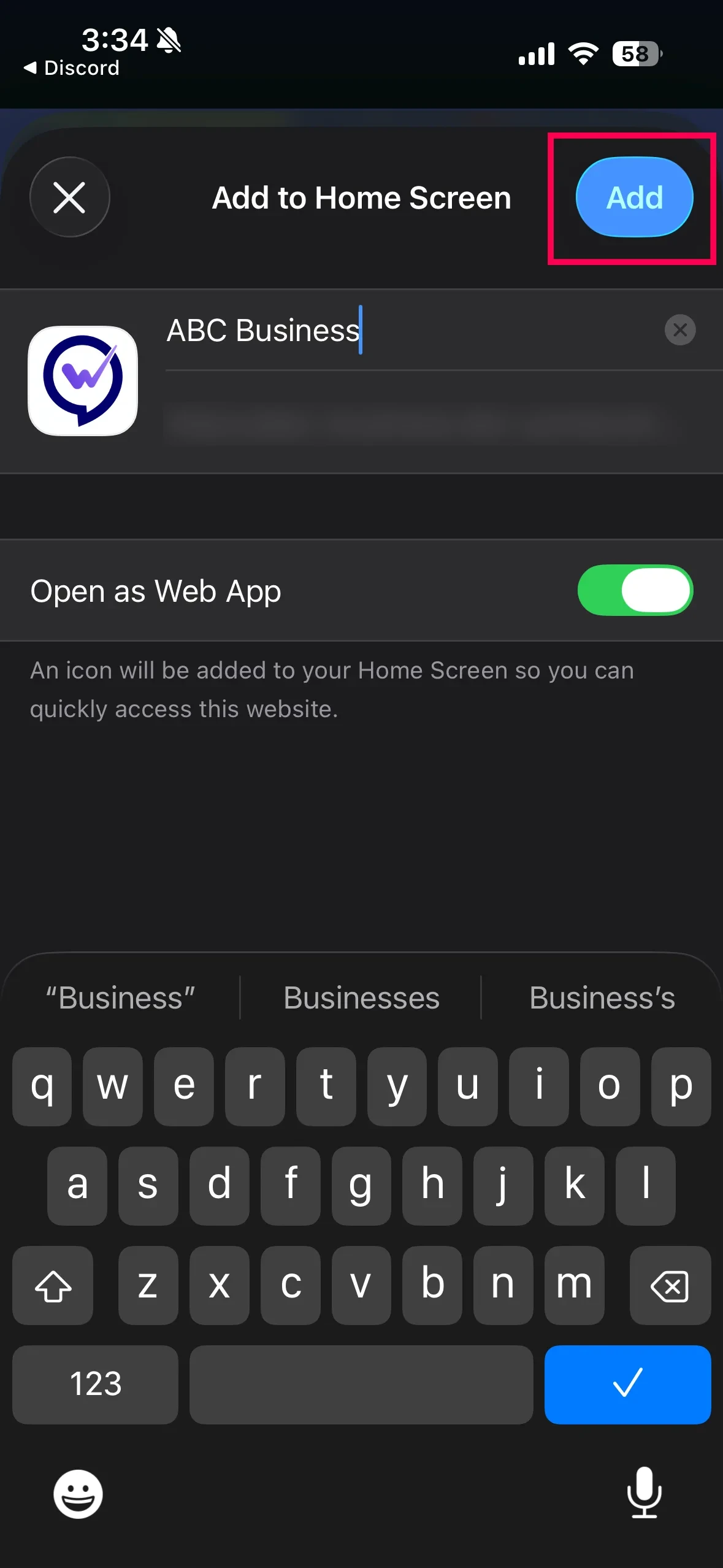The Add to Home Screen screen in Safari with Open as Web App on and the Add button