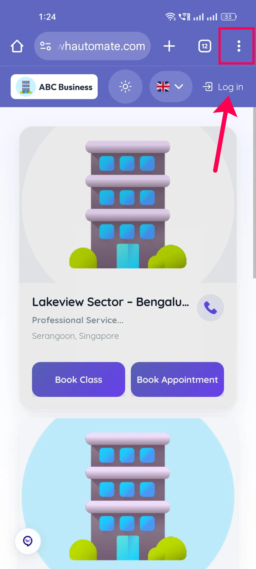 A booking page open in Chrome on Android with the three-dot menu icon highlighted
