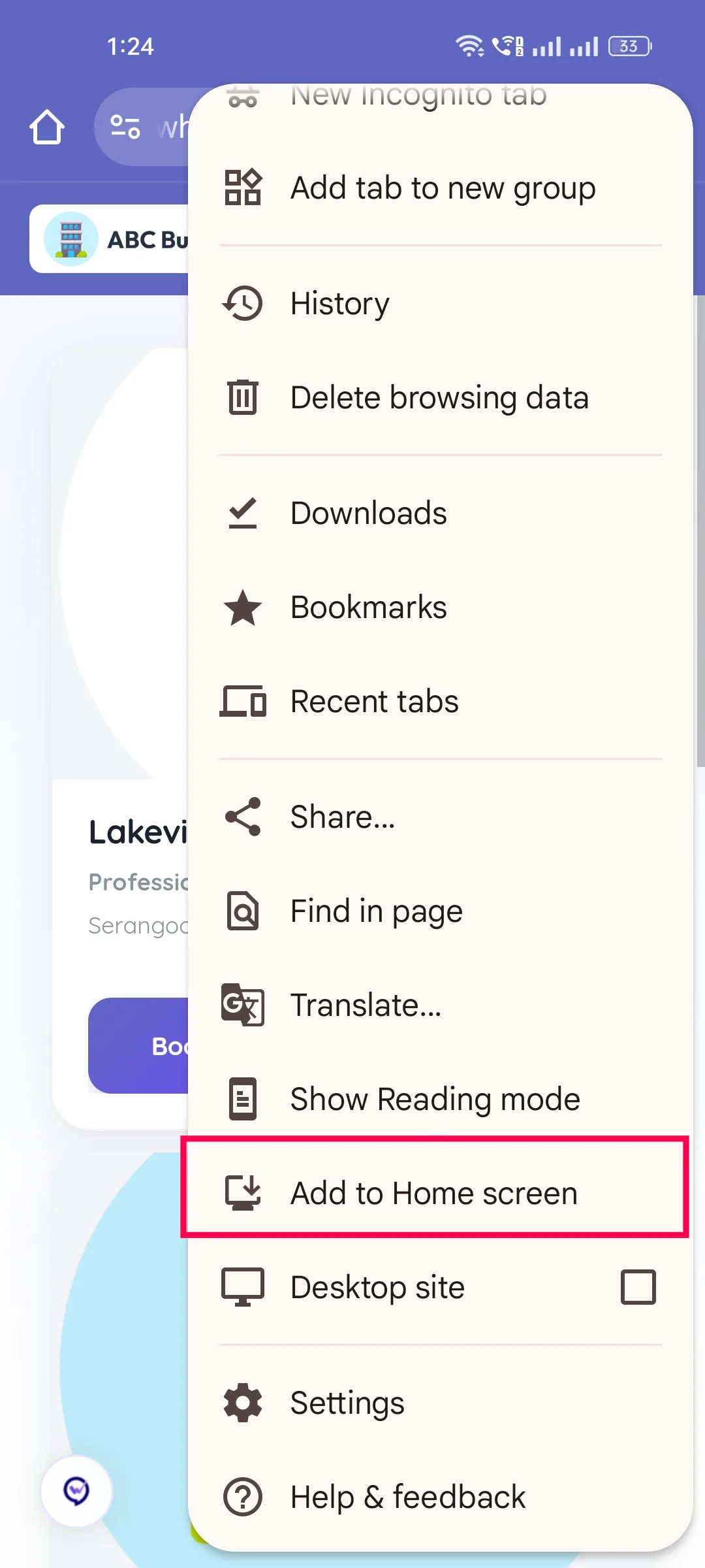 The Chrome menu on Android with Add to Home screen highlighted
