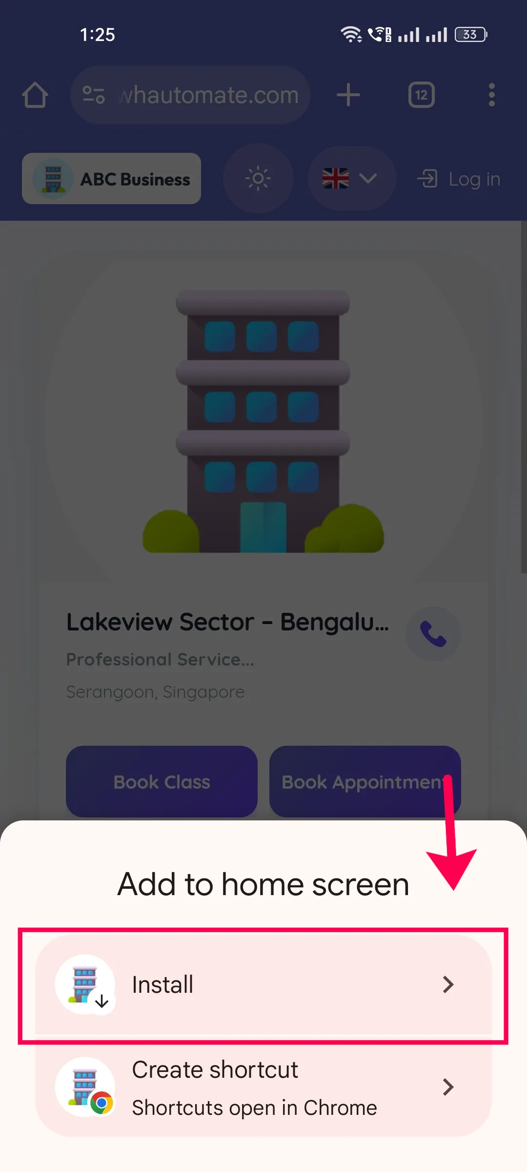 The Add to home screen sheet in Chrome with the Install and Create shortcut options