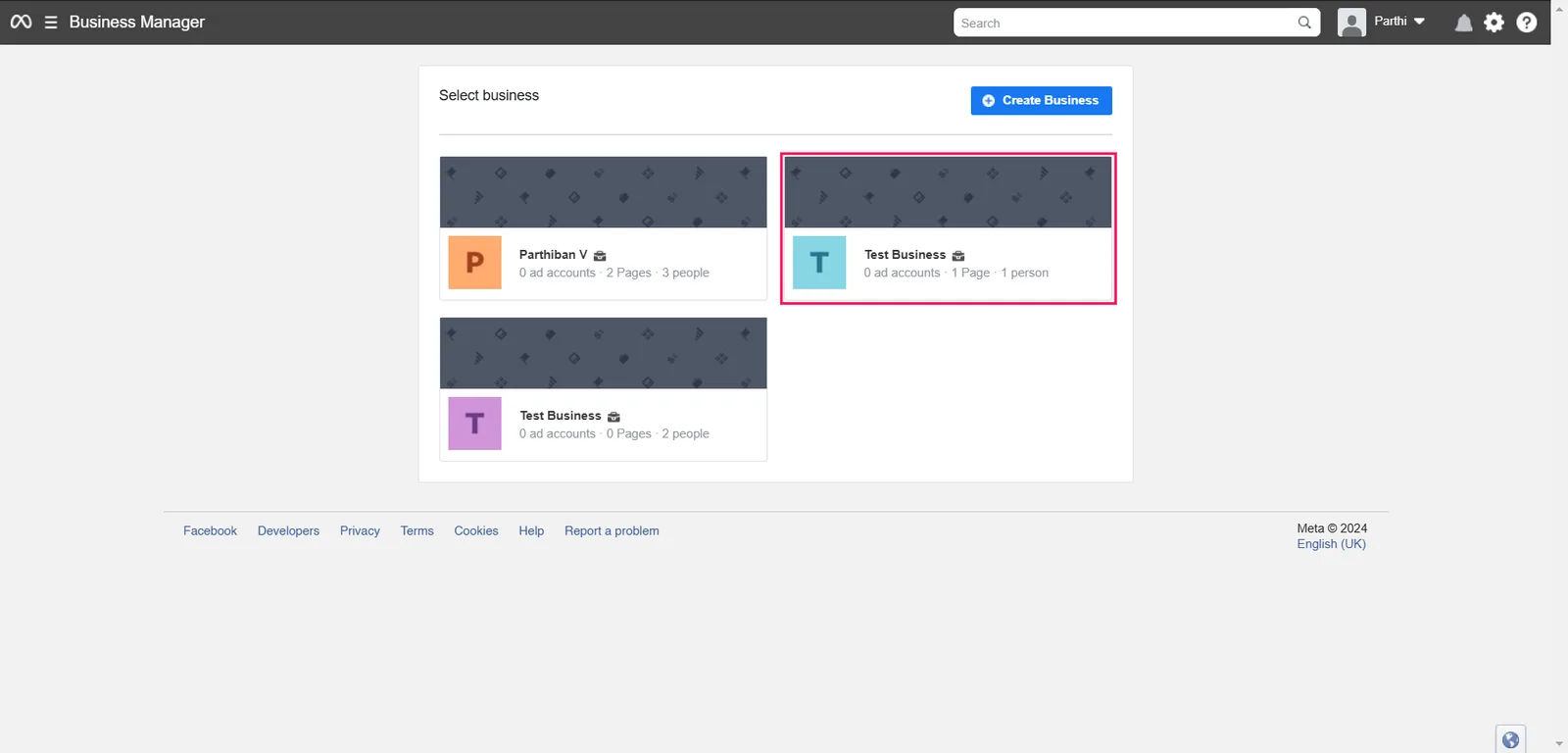 The Select business page in Meta Business Manager with a test business selected