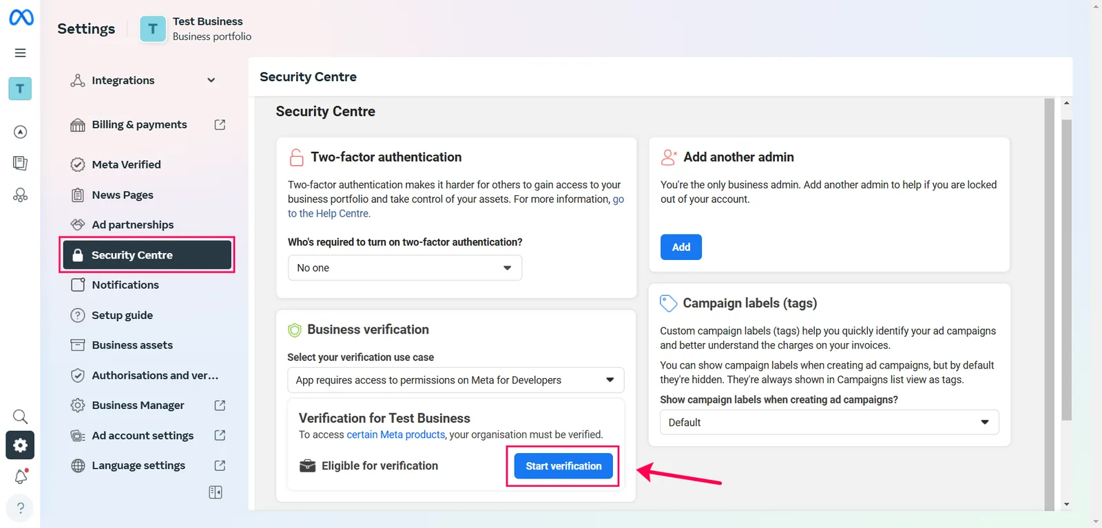 Security Centre in Meta Business Settings with the Business verification card and the Start verification button