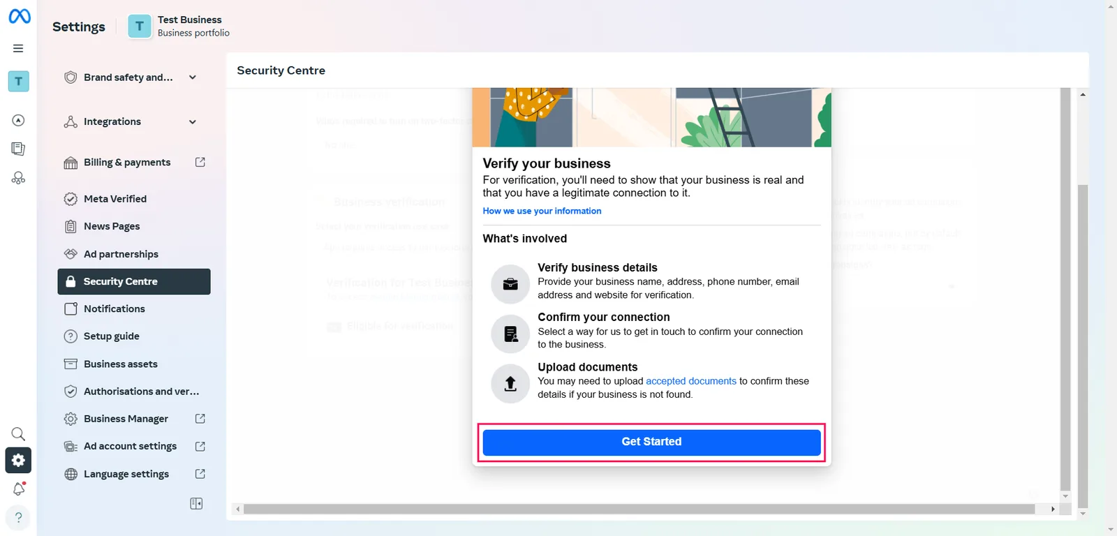 The Verify your business dialog with the Get Started button