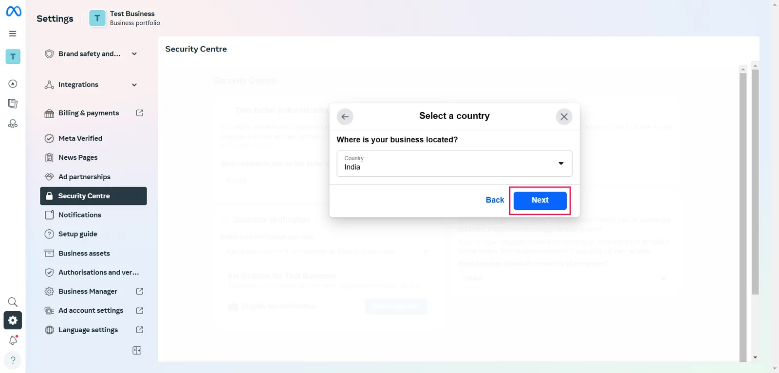 The Select a country dialog with India selected and the Next button