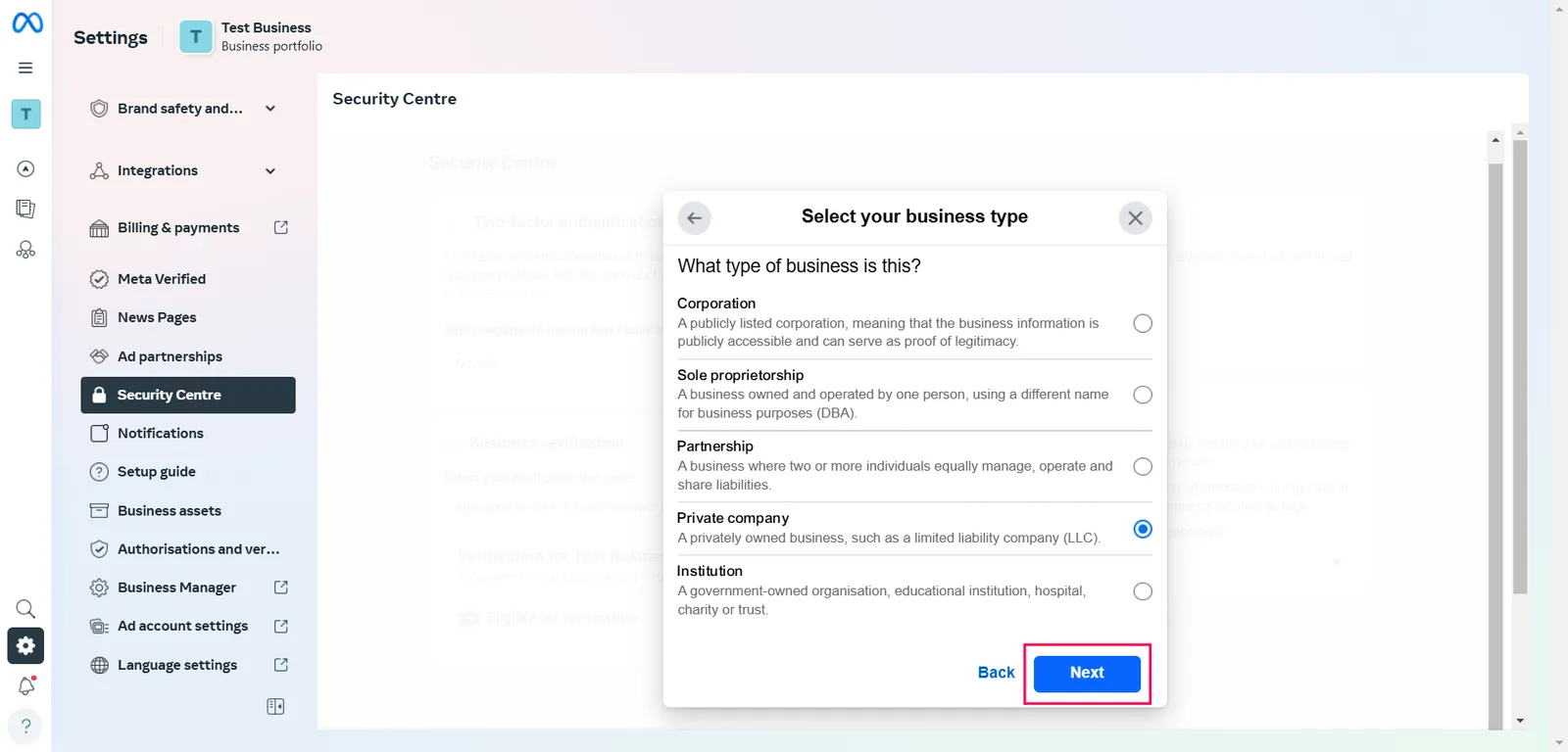 The Select your business type dialog with Private company selected and the Next button