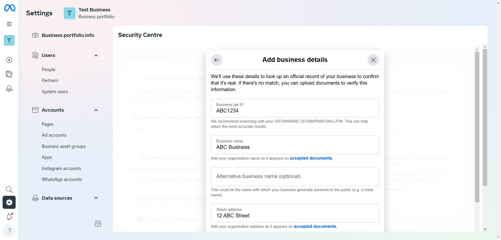 The Add business details dialog with the business tax ID, business name and street address fields