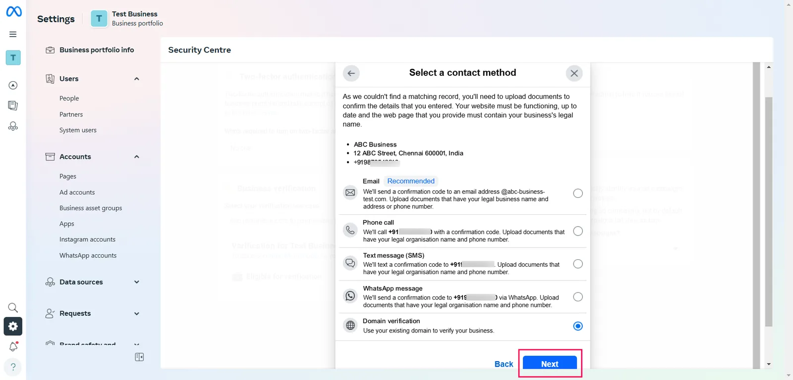 The Select a contact method dialog with Email, Phone call, Text message, WhatsApp message and Domain verification options and the Next button