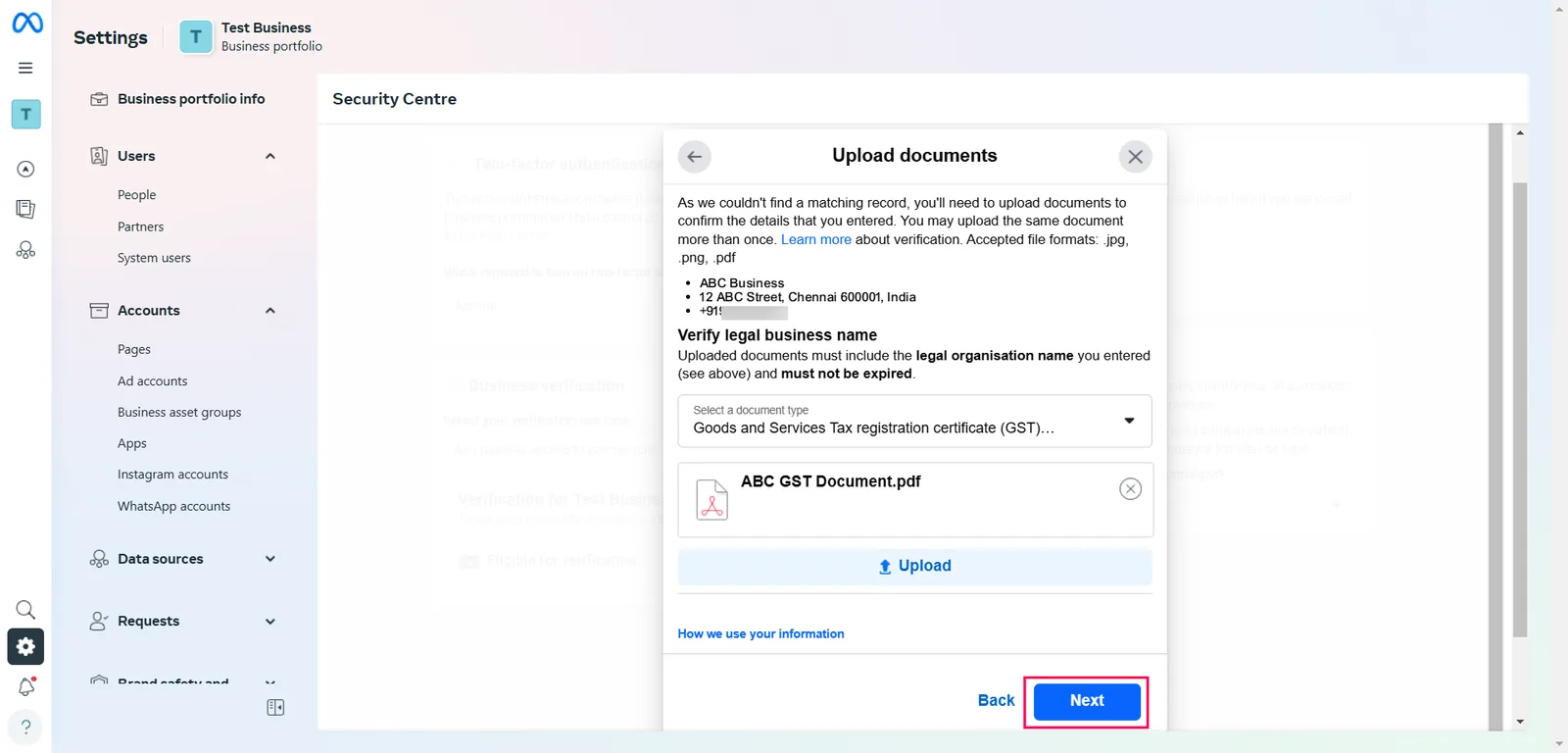 The Upload documents dialog with a GST certificate selected as the document type, an uploaded PDF and the Next button