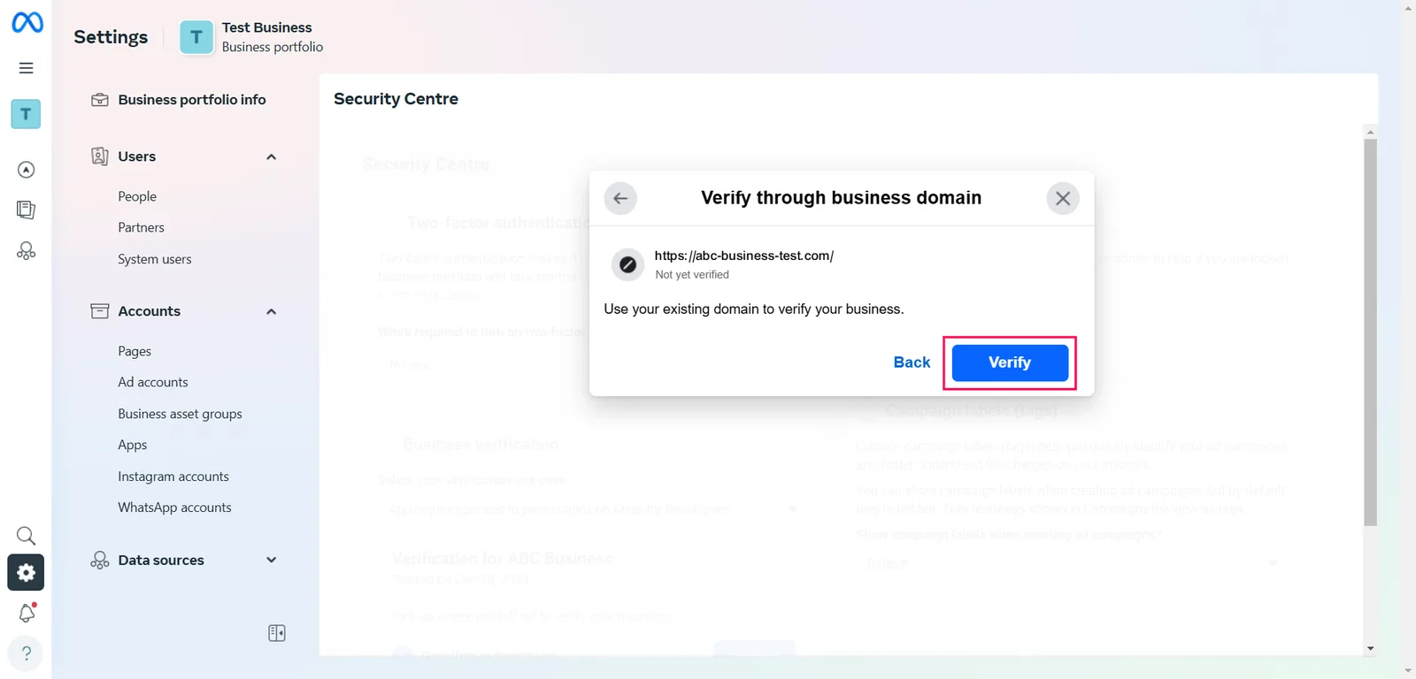 The Verify through business domain dialog with the website and the Verify button