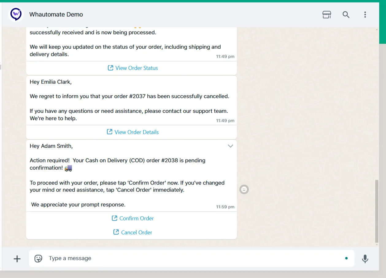A WhatsApp chat with order confirmation, cancellation and Cash on Delivery confirmation messages from the store