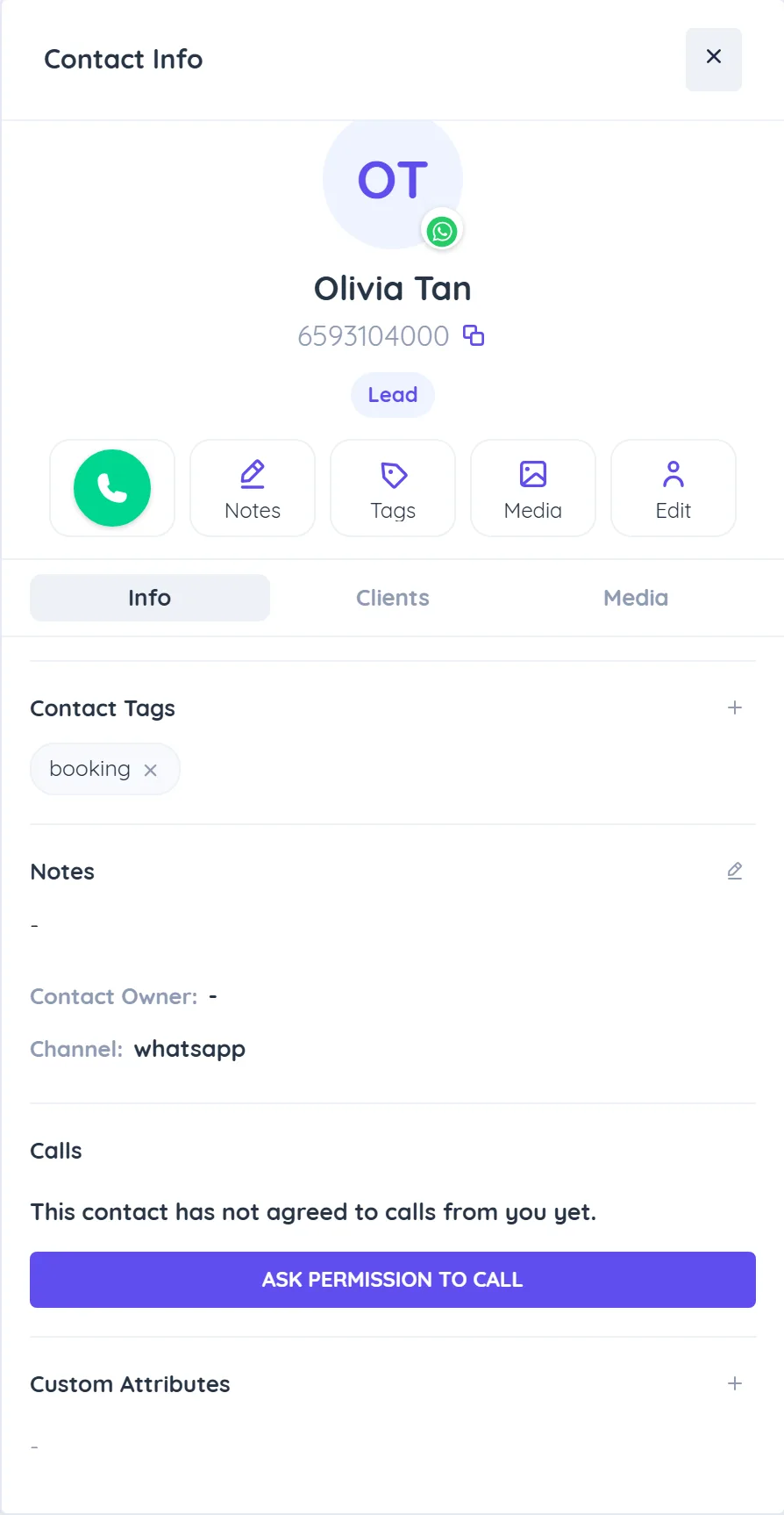 The Calls section in Contact Info with the status This contact has not agreed to calls from you yet, the Ask permission to call button greyed out and the note on how often you can ask