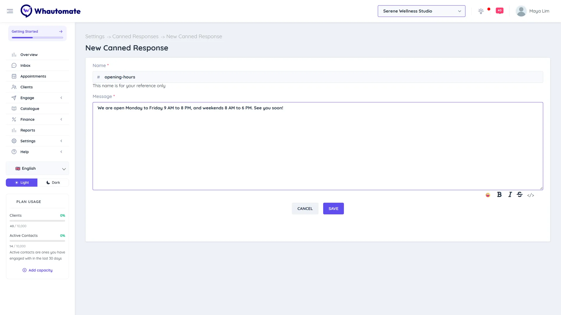 The New Canned Response form with the name opening-hours and a message listing the studio's opening hours