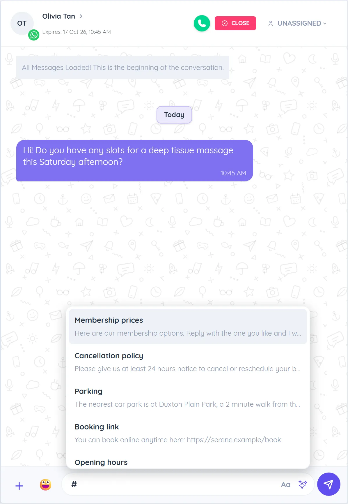 The Team Inbox message box with # typed and the list of canned responses shown above it