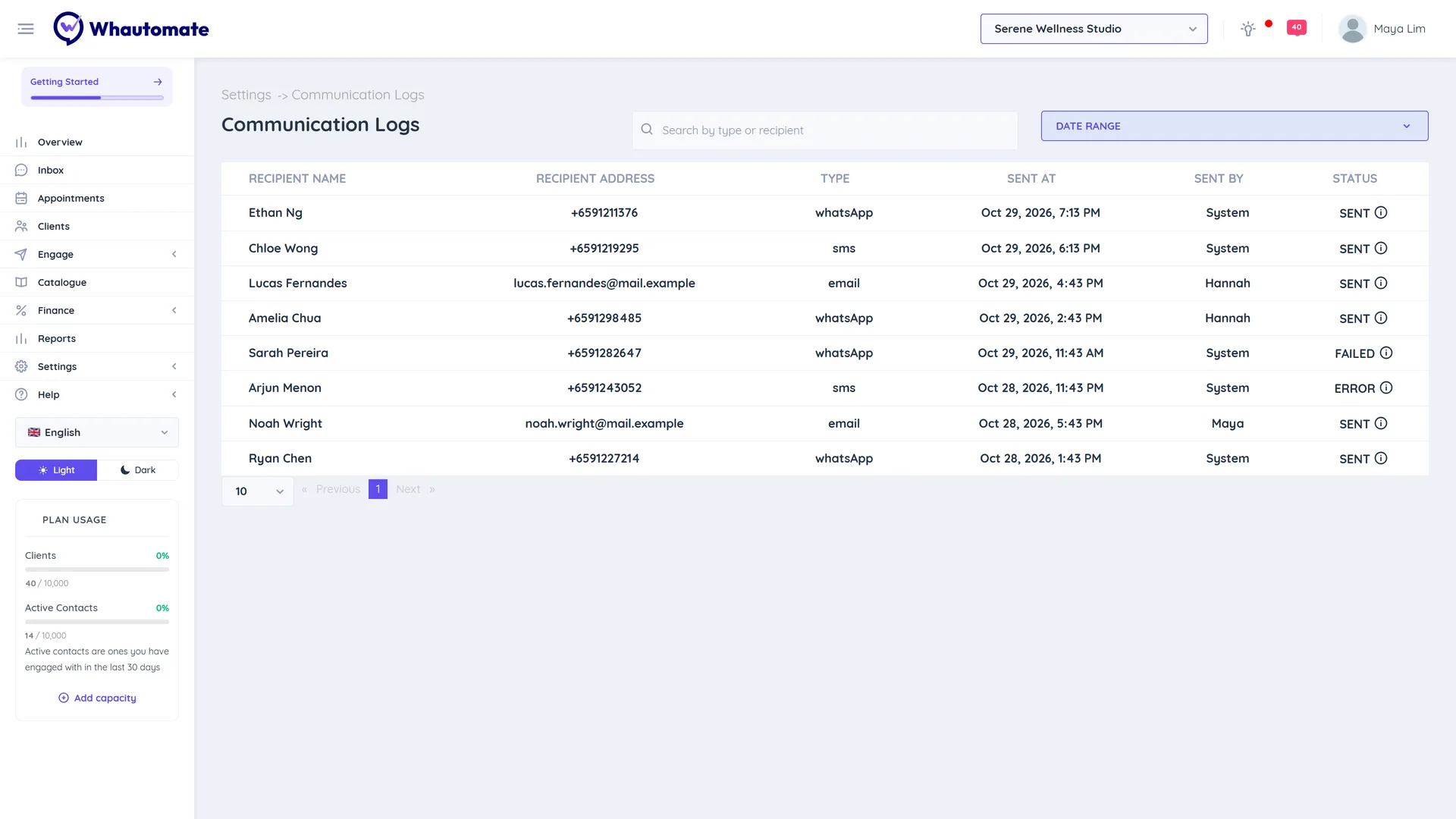 The Communication Logs page listing sent messages with recipient name, address, type, sent at, sent by and status